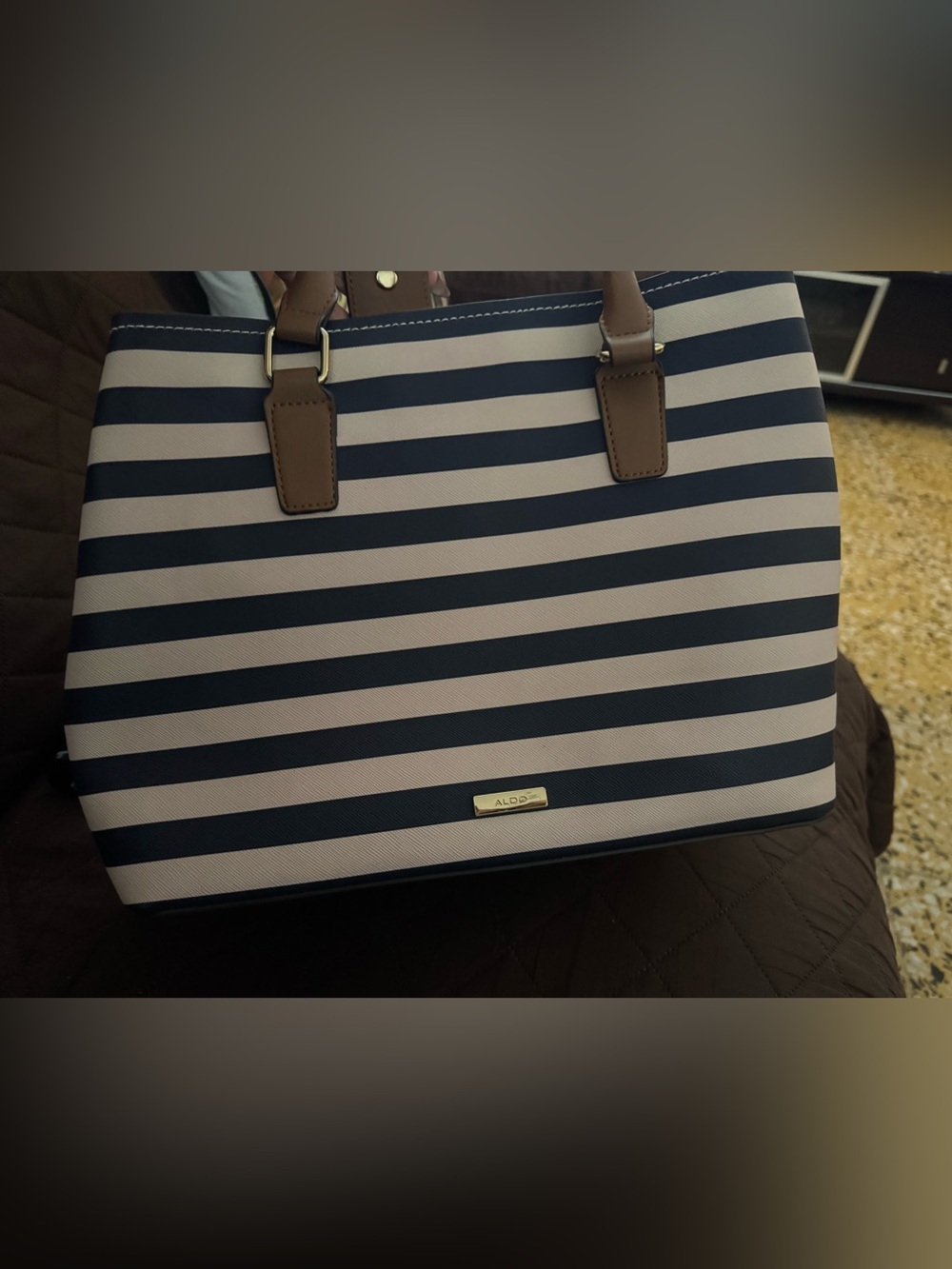 Aldo Navy and Cream Striped Tote with Brown Handles
